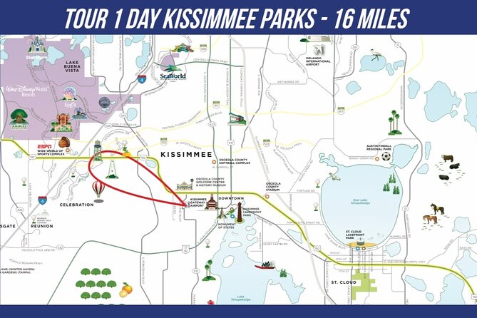 Day 16 miles Private Helicopter Tour over Fun Spot - Your 16-mile flight route over Kissimmee and Orlando icons